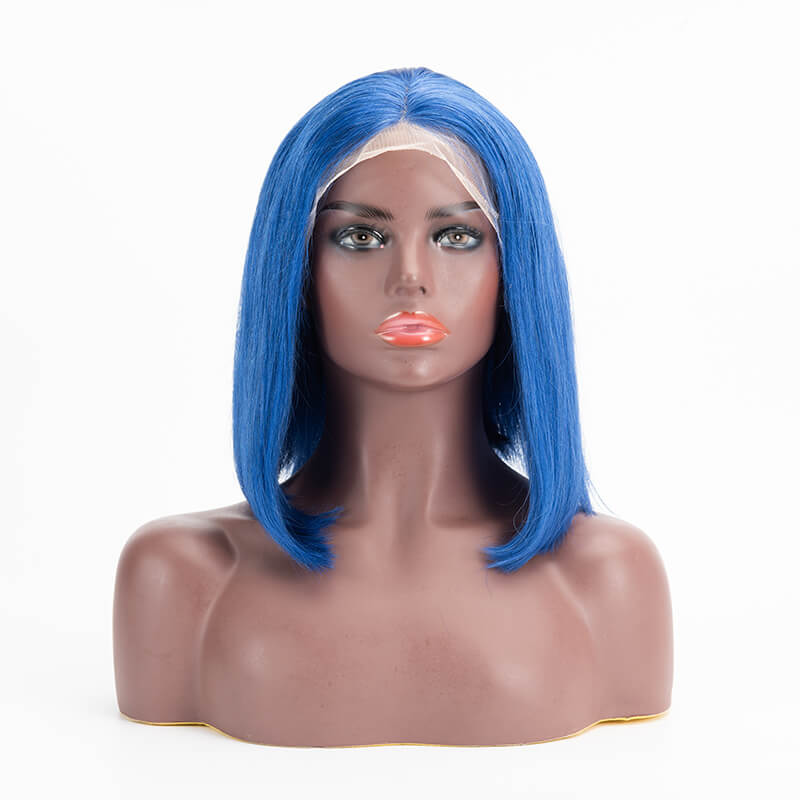 T Lace Bob Straight Blue Color Middle Part Wig Human Hair Wig