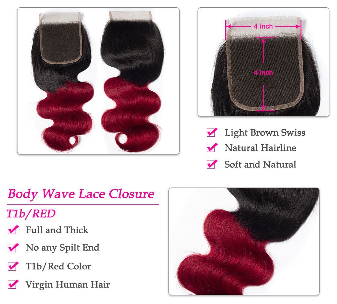 Ross Pretty Lace Closure body wave 1b red Human Hair Product swiss lace - Ross Pretty Hair Official