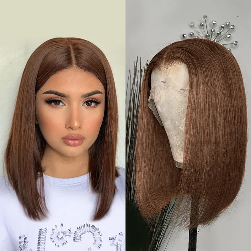 4# Color Straight & Loose Wave Dark Brown T Lace Bob Wig