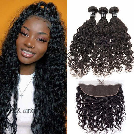 13X4 Lace Frontal With 3 Bundles 100% Virgin Human Hair Peruvian Water Wave - Ross Pretty Hair Official