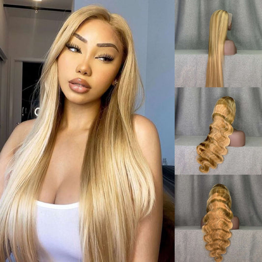 Straight & Body Wave Honey Blonde Highlight Wig 13x4 Lace Front Wig