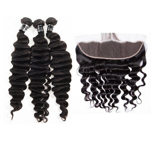 3 Bundles With 13X4 Lace Frontal Brazilian Loose Deep Virgin Hair - Ross Pretty Hair Official