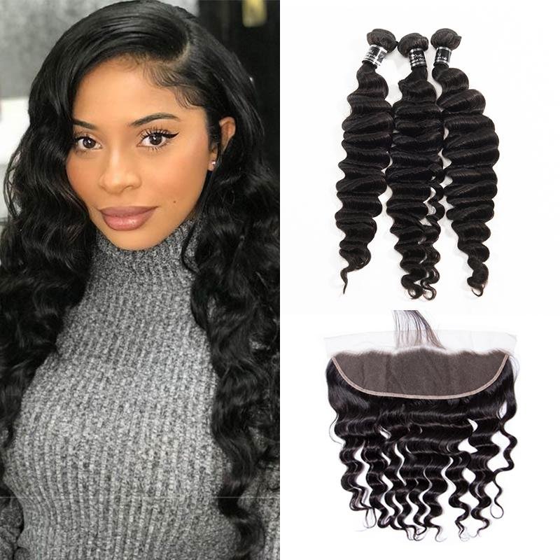 3 Bundles With 13X4 Lace Frontal Brazilian Loose Deep Virgin Hair - Ross Pretty Hair Official