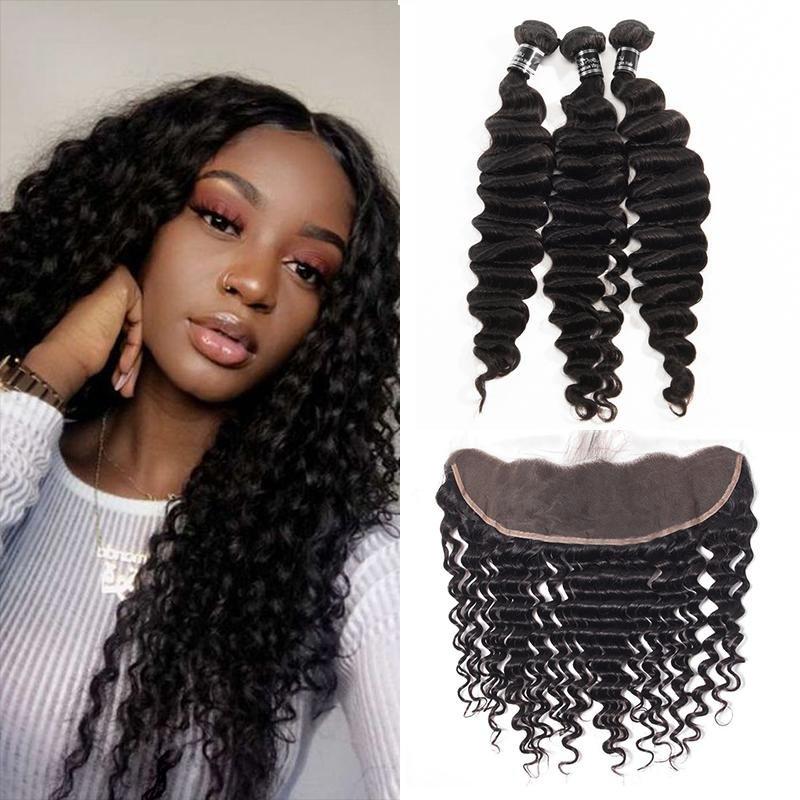 3 Bundles With 13X4 Lace Frontal Malaysian Loose Deep Virgin Human Hair - Ross Pretty Hair Official