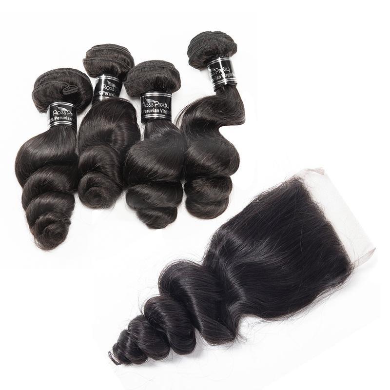 4 Bundles Loose Wave With 4*4 Indian Lace Closure 100% Human Hair - Ross Pretty Hair Official