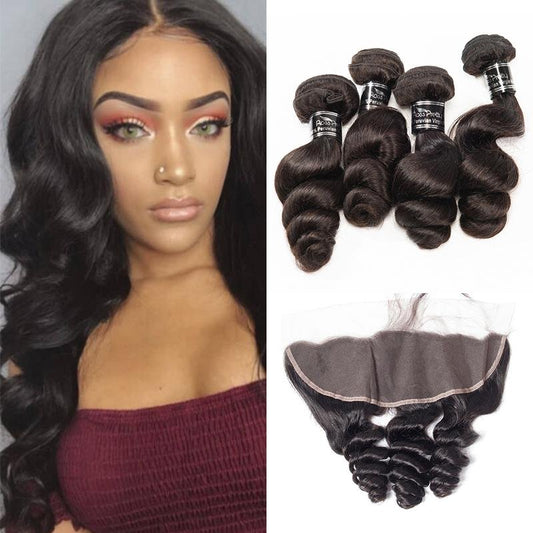 4 Bundles With 13X4 Lace Frontal Loose Wave Brazilian Human Hair - Ross Pretty Hair Official