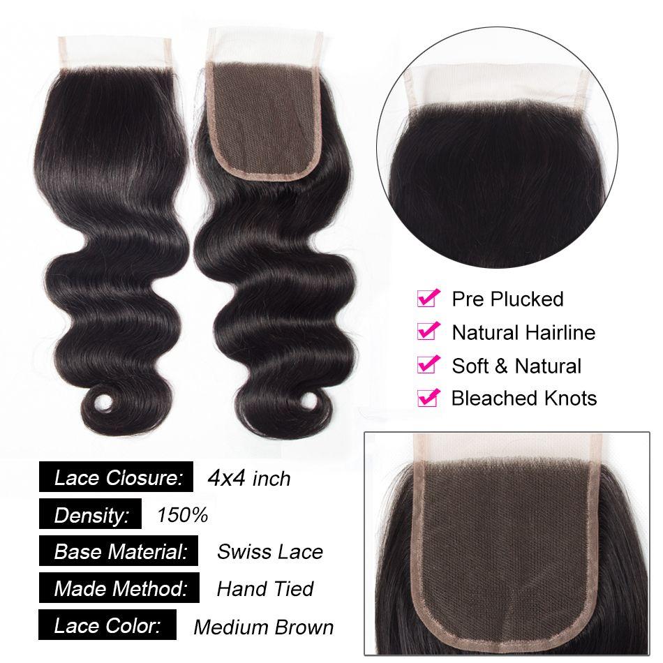 4x4 Lace Closure Body Wave Human Hair Closure Swiss Lace