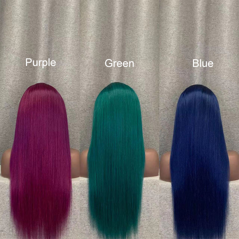 Purple/ Blue/ Green Human Hair Straight 13x4 Lace Front Wig