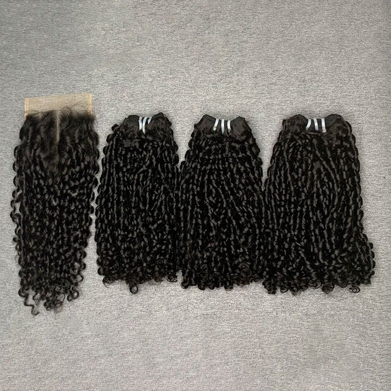 Pissy Curly Double Drawn Hair Bundles With 4x4 Lace Closure