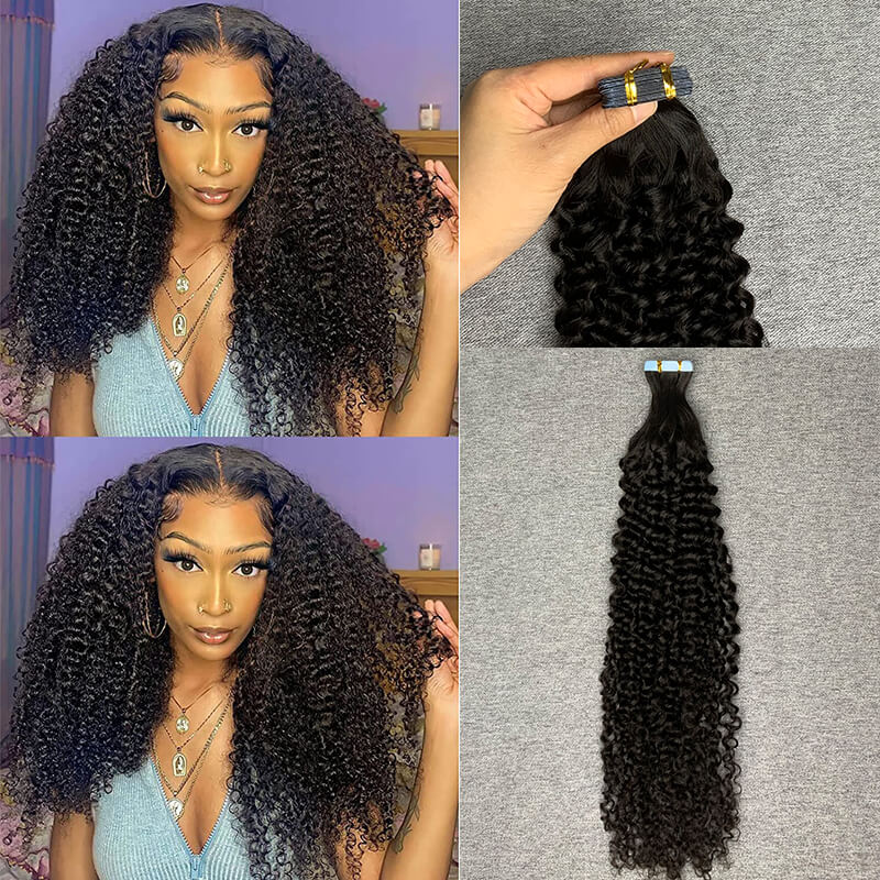 #1b Kinky Curly Tape In Human Hair Extensions 20 Pieces/ Pack