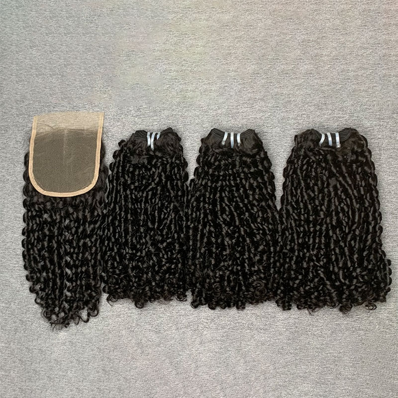 Pissy Curly Double Drawn Hair Bundles With 4x4 Lace Closure