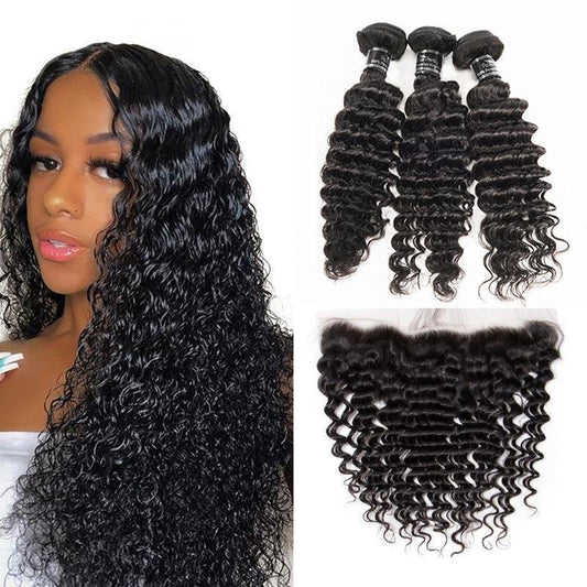 Brazilian 3 Bundles With 13X4 Lace Frontal Deep Wave Virgin Hair - Ross Pretty Hair Official