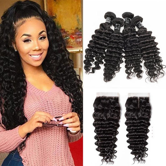 Brazilian Deep Virgin Hair 4 Bundles With Closure 100% Human Hair Weave - Ross Pretty Hair Official