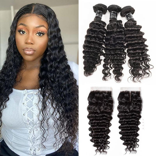 Brazilian Deep Wave 3 Bundles With Closure 100% Remy Human Hair - Ross Pretty Hair Official