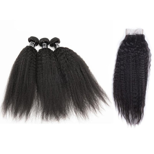 Brazilian Kinky Straight 3 Bundles With Closure 100% Virgin Human Hair - Ross Pretty Hair Official