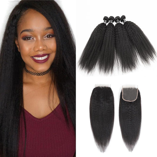 Brazilian Kinky Straight 4 Bundles With Closure Kinky Straight Weave 100% Human Hair - Ross Pretty Hair Official