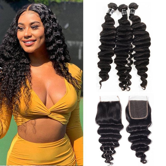 Brazilian Loose Deep 3 Bundles With Lace Closure 100% Remy Human Hair Weave - Ross Pretty Hair Official