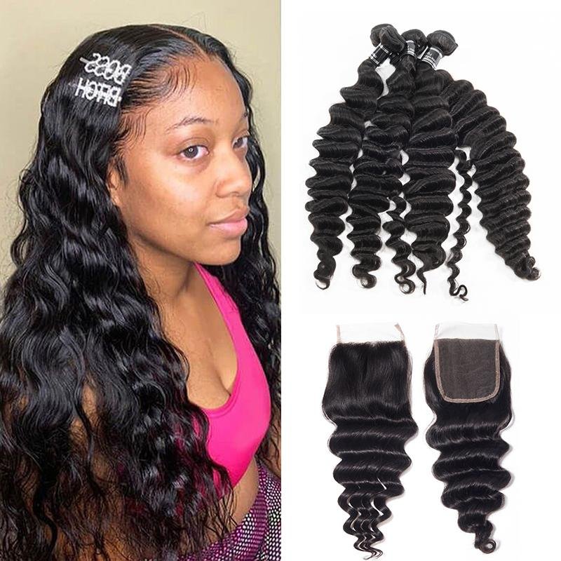 Brazilian Loose Deep 4 Bundles With Closure 100% Virgin Human Hair - Ross Pretty Hair Official