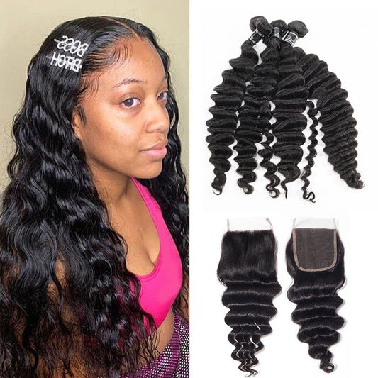 Brazilian Loose Deep 4 Bundles With Closure 100% Virgin Human Hair - Ross Pretty Hair Official