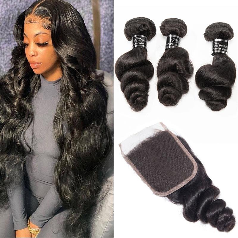 Brazilian Loose Wave With Closure Spring Loose Curly 3 Bundles 100% Virgin Hair - Ross Pretty Hair Official