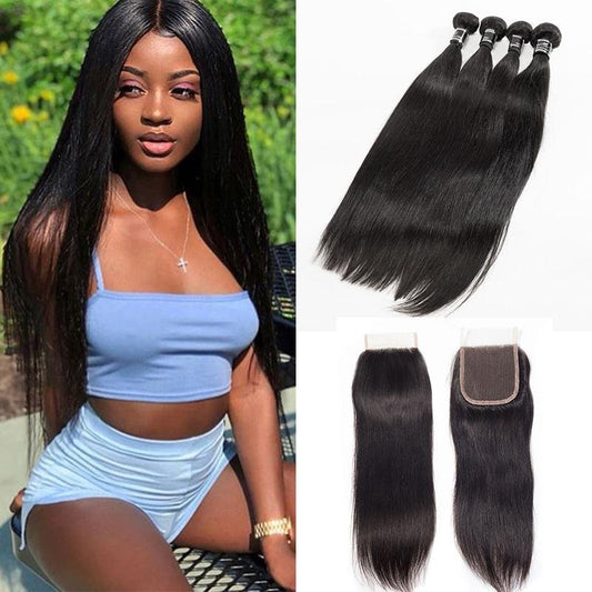 Brazilian Straight Hair 4 Bundles With Lace Closure Virgin Human Hair Bundles - Ross Pretty Hair Official