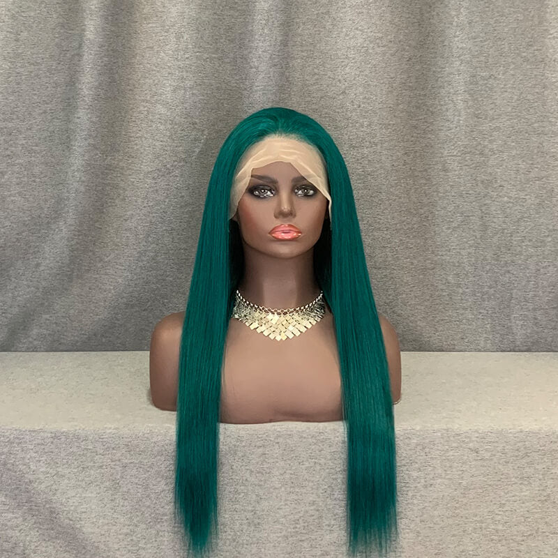 Green Color Wig Human Hair Straight 13x4 Lace Front Wig