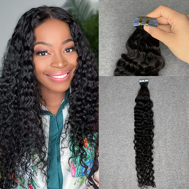#1b Deep Curly Tape In Human Hair Extensions 20 Pieces/ Pack