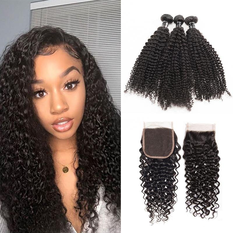 Kinky Curly Hair 3 Bundles With Closure Brazilian 100% Virgin Human Hair Bundles - Ross Pretty Hair Official