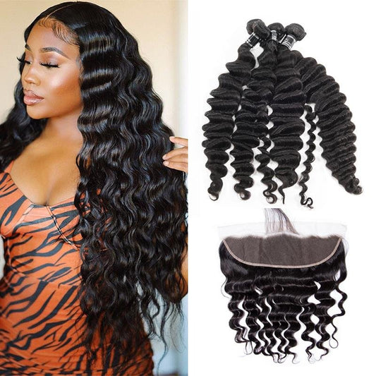 Loose Deep Human Hair 4 Bundles With 13X4 Frontal Peruvian - Ross Pretty Hair Official