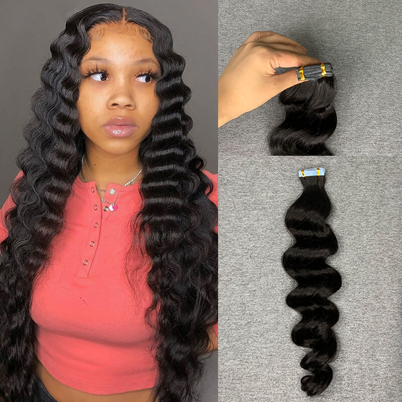 #1b Loose Deep Tape In Human Hair Extensions 20 Pieces/ Pack
