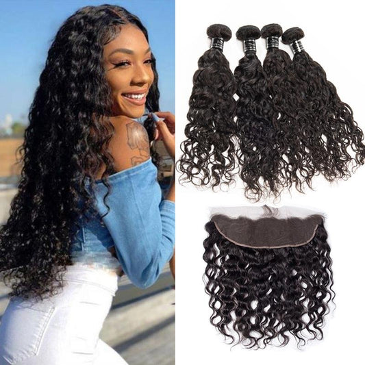 Peruvian Human Hair Lace Frontal 13X4 With 4 Bundles Water Wave - Ross Pretty Hair Official