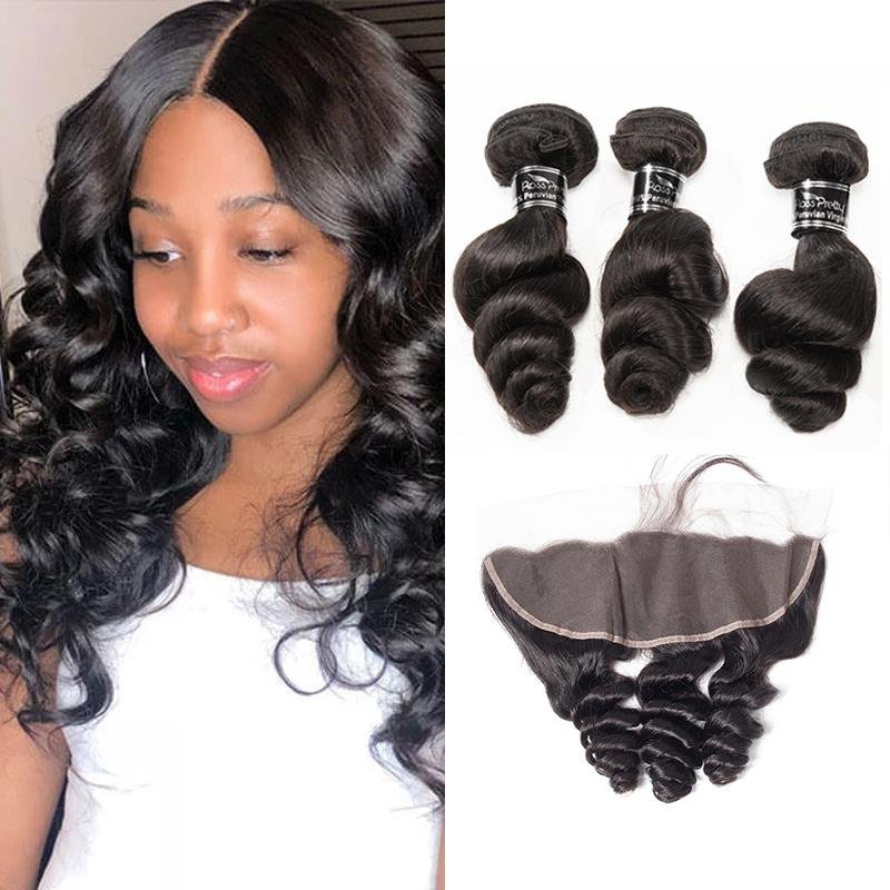 Peruvian Human Hair Loose Wave 3 Bundles With 13X4 Lace Frontal - Ross Pretty Hair Official