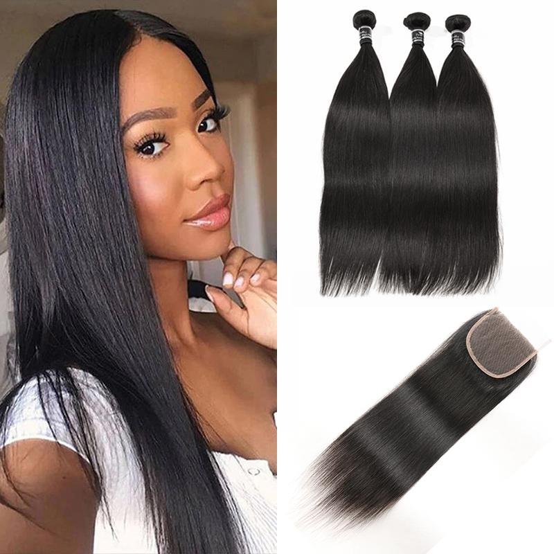 Straight Brazilian Human Hair 3 Bundles With Closure Remy Virgin Hair With Closure - Ross Pretty Hair Official