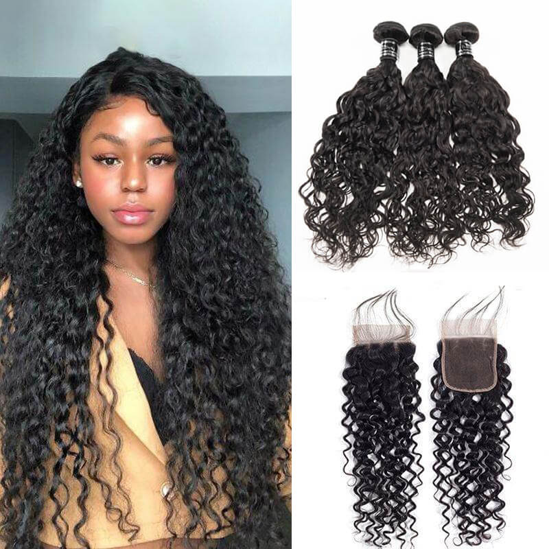 Brazilian Water Wave 3 Bundles With Closure Wet and Wavy Human Hair Bundles